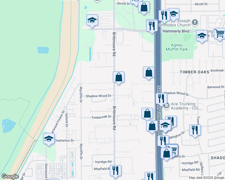map of restaurants, bars, coffee shops, grocery stores, and more near 1660 Brittmoore Road in Houston