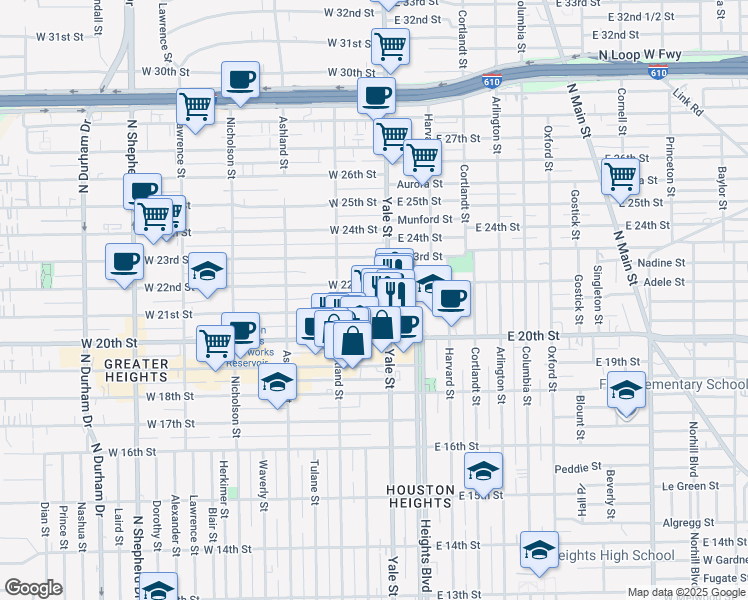 map of restaurants, bars, coffee shops, grocery stores, and more near 2017 Yale Street in Houston