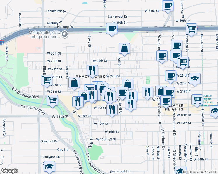 map of restaurants, bars, coffee shops, grocery stores, and more near 1139 West 21st Street in Houston