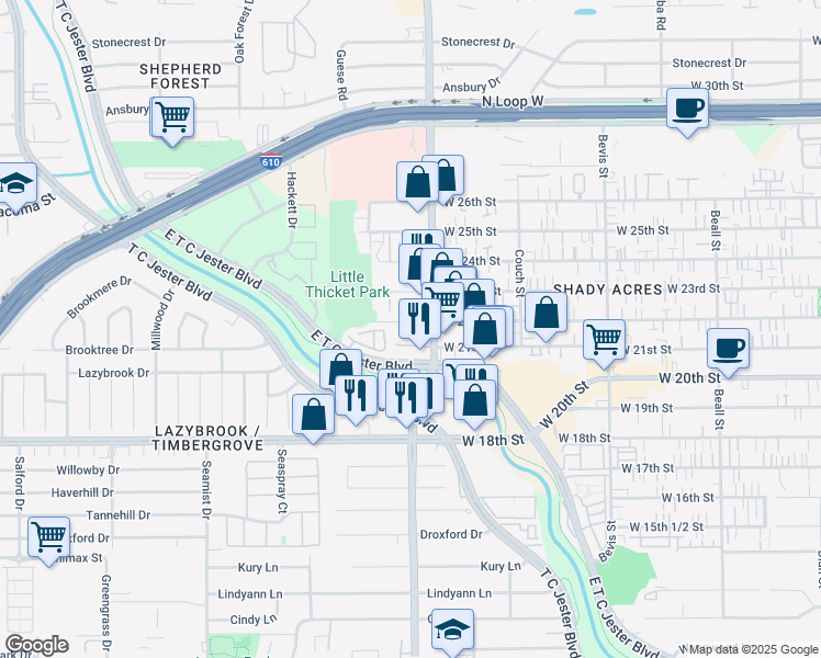 map of restaurants, bars, coffee shops, grocery stores, and more near 2121 Ella Boulevard in Houston