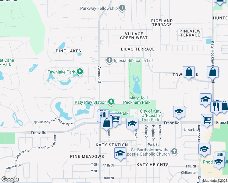 map of restaurants, bars, coffee shops, grocery stores, and more near 5702 Delfren Lane in Katy
