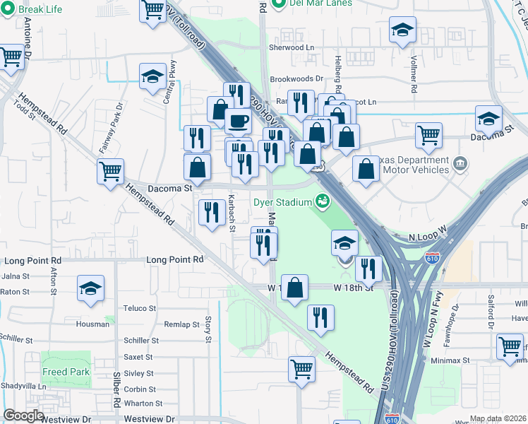 map of restaurants, bars, coffee shops, grocery stores, and more near 2066-2128 Mangum Rd in Houston