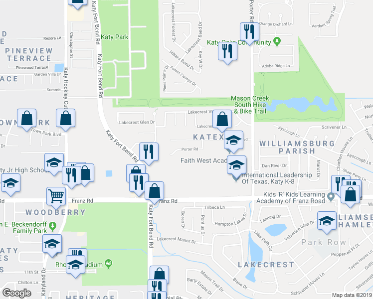 map of restaurants, bars, coffee shops, grocery stores, and more near Porter Road in Katy
