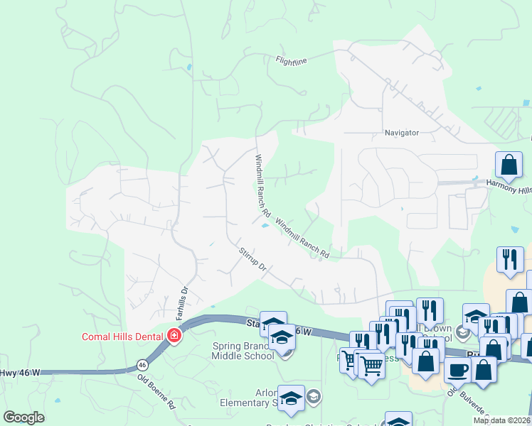 map of restaurants, bars, coffee shops, grocery stores, and more near 629 Windmill Ranch Road in Spring Branch