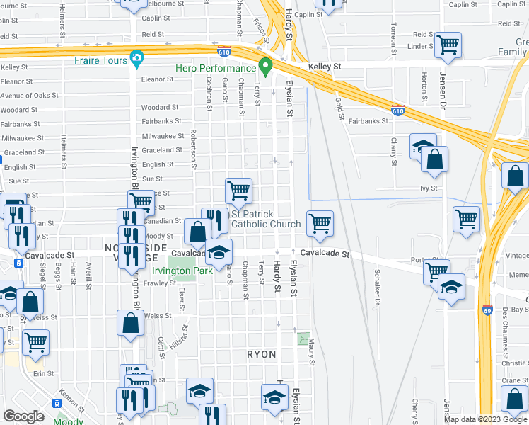 map of restaurants, bars, coffee shops, grocery stores, and more near 4919 Terry Street in Houston