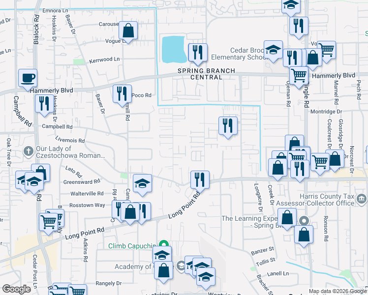 map of restaurants, bars, coffee shops, grocery stores, and more near 1765 Sierra Crest Drive in Houston
