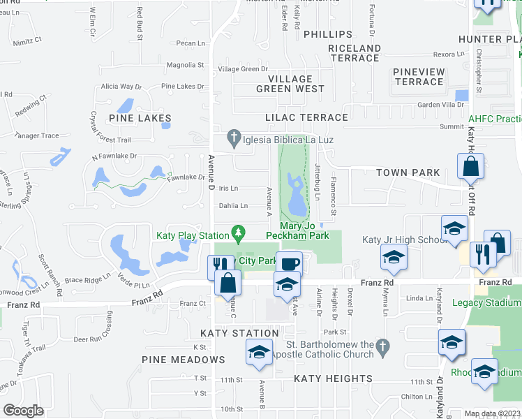 map of restaurants, bars, coffee shops, grocery stores, and more near 5607 Dahlia Lane in Katy