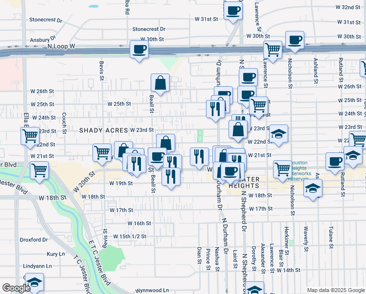 map of restaurants, bars, coffee shops, grocery stores, and more near 915 West 21st Street in Houston