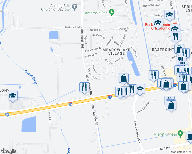map of restaurants, bars, coffee shops, grocery stores, and more near 7402 Shoshone Drive in Baytown