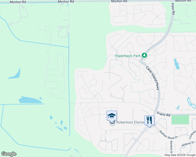 map of restaurants, bars, coffee shops, grocery stores, and more near 3825 Bartlett Road in Katy