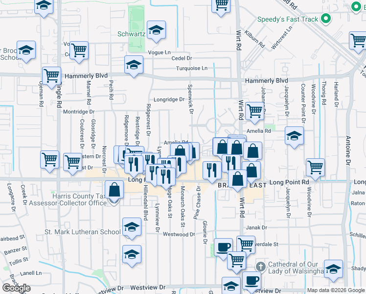 map of restaurants, bars, coffee shops, grocery stores, and more near 1828 Woodbend Village Court in Houston
