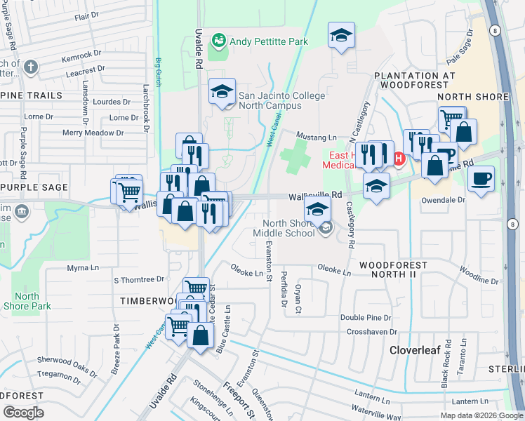 map of restaurants, bars, coffee shops, grocery stores, and more near 119 Evanston Street in Houston