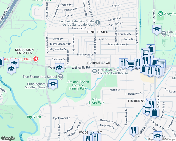 map of restaurants, bars, coffee shops, grocery stores, and more near 14340 Wallisville Road in Houston