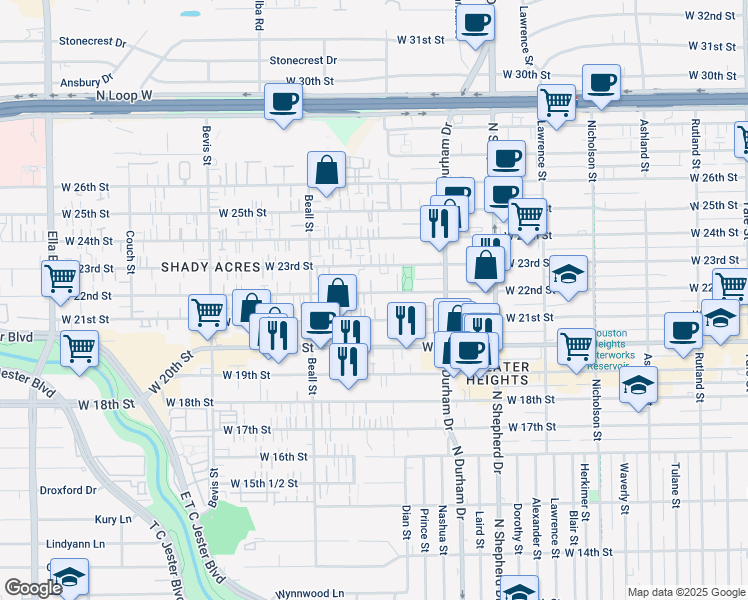 map of restaurants, bars, coffee shops, grocery stores, and more near 915 West 21st Street in Houston