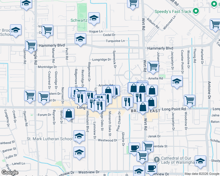 map of restaurants, bars, coffee shops, grocery stores, and more near 1828 Woodbend Village Court in Houston