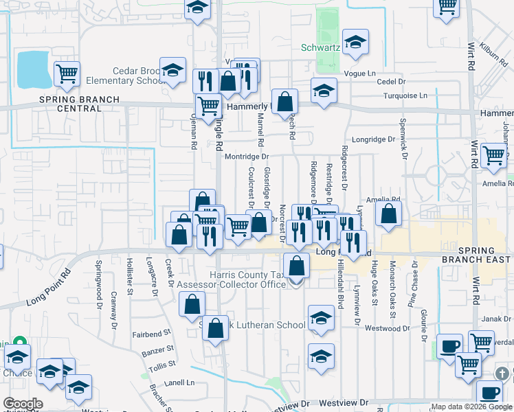 map of restaurants, bars, coffee shops, grocery stores, and more near 8542 Western Drive in Houston
