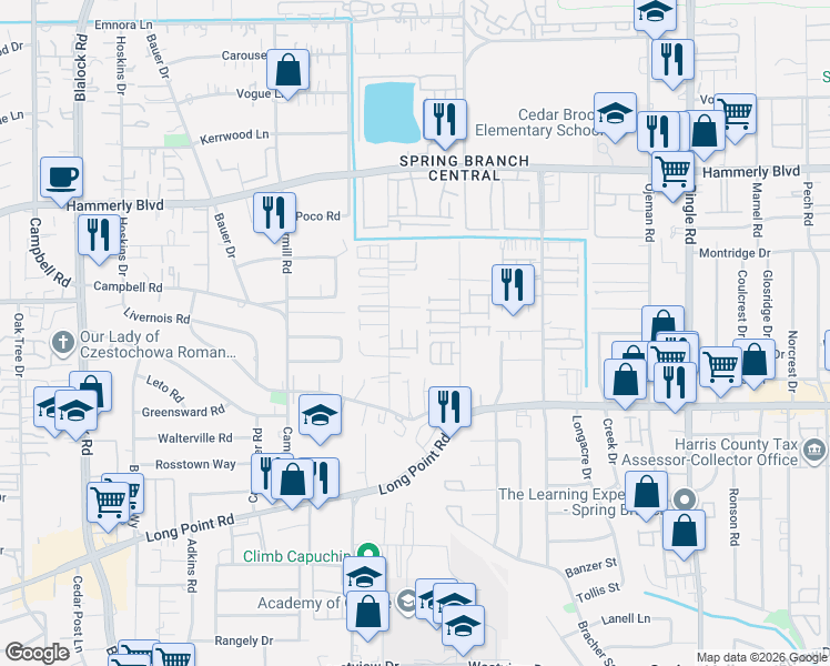 map of restaurants, bars, coffee shops, grocery stores, and more near 1765 Sierra Crest Drive in Houston