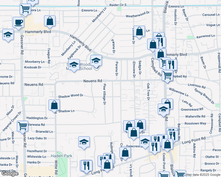 map of restaurants, bars, coffee shops, grocery stores, and more near 1810 Parana Drive in Houston