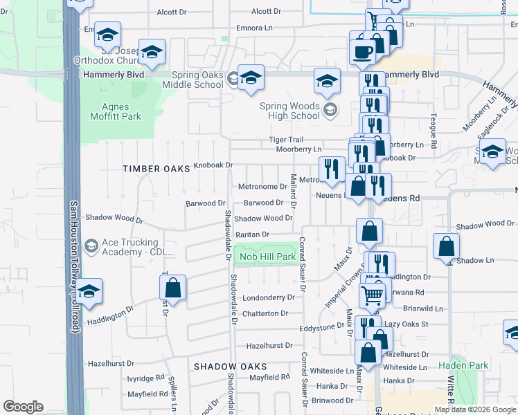 map of restaurants, bars, coffee shops, grocery stores, and more near 10222 Shadow Wood Drive in Houston