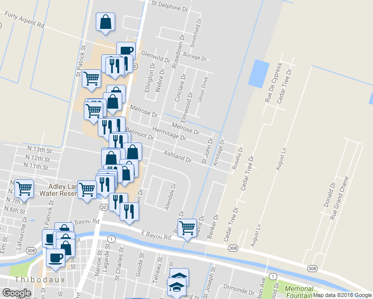 map of restaurants, bars, coffee shops, grocery stores, and more near Belmont Drive in Thibodaux