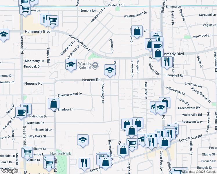map of restaurants, bars, coffee shops, grocery stores, and more near 1810 Parana Drive in Houston