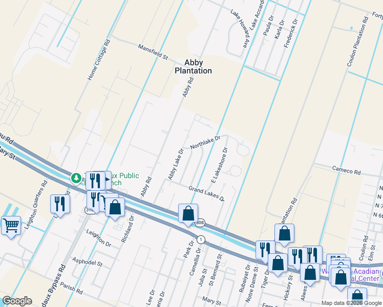 map of restaurants, bars, coffee shops, grocery stores, and more near 142 Bayou Lafourche Drive in Thibodaux