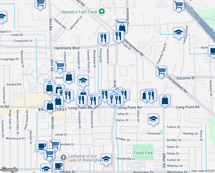 map of restaurants, bars, coffee shops, grocery stores, and more near 1911 Harland Drive in Houston