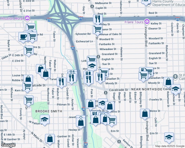 map of restaurants, bars, coffee shops, grocery stores, and more near 5000 Sharman Street in Houston