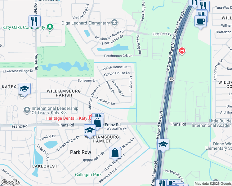 map of restaurants, bars, coffee shops, grocery stores, and more near 2314 Princess Deanna Lane in Katy