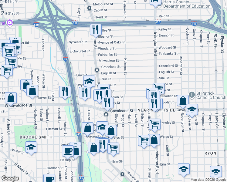 map of restaurants, bars, coffee shops, grocery stores, and more near 311 Canadian Street in Houston