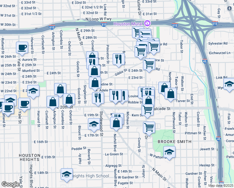 map of restaurants, bars, coffee shops, grocery stores, and more near 1107 Louise Street in Houston