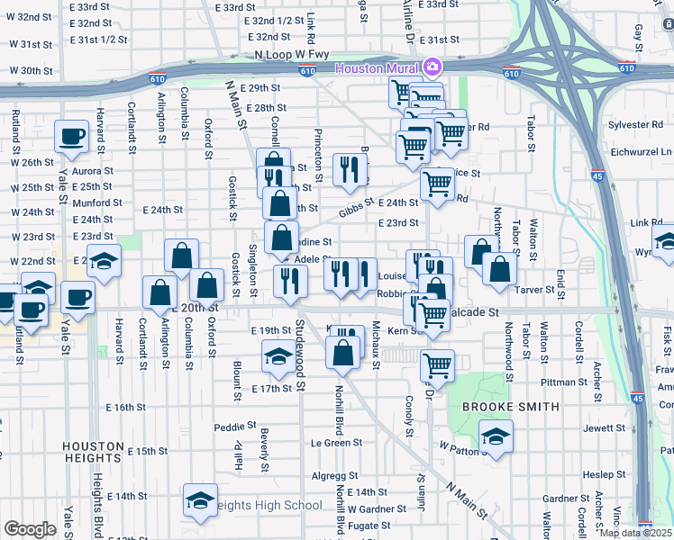 map of restaurants, bars, coffee shops, grocery stores, and more near 1107 Louise Street in Houston