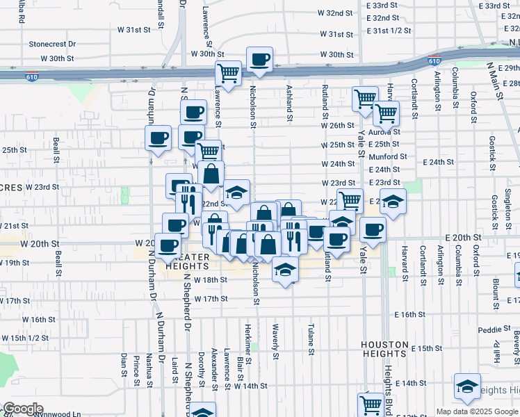 map of restaurants, bars, coffee shops, grocery stores, and more near 503 West 21st Street in Houston