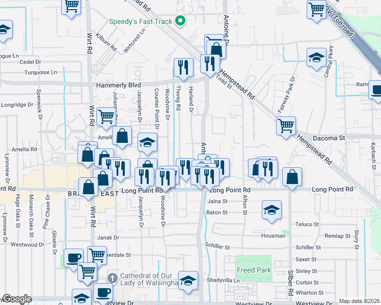 map of restaurants, bars, coffee shops, grocery stores, and more near 1911 Harland Drive in Houston