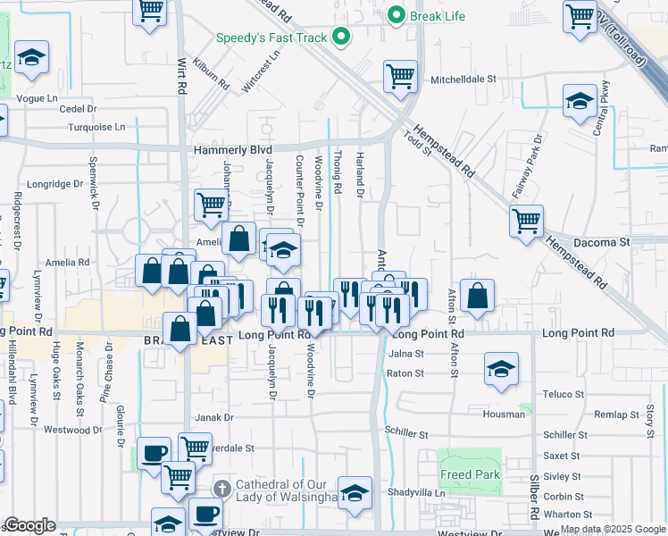 map of restaurants, bars, coffee shops, grocery stores, and more near 1918 Woodvine Drive in Houston