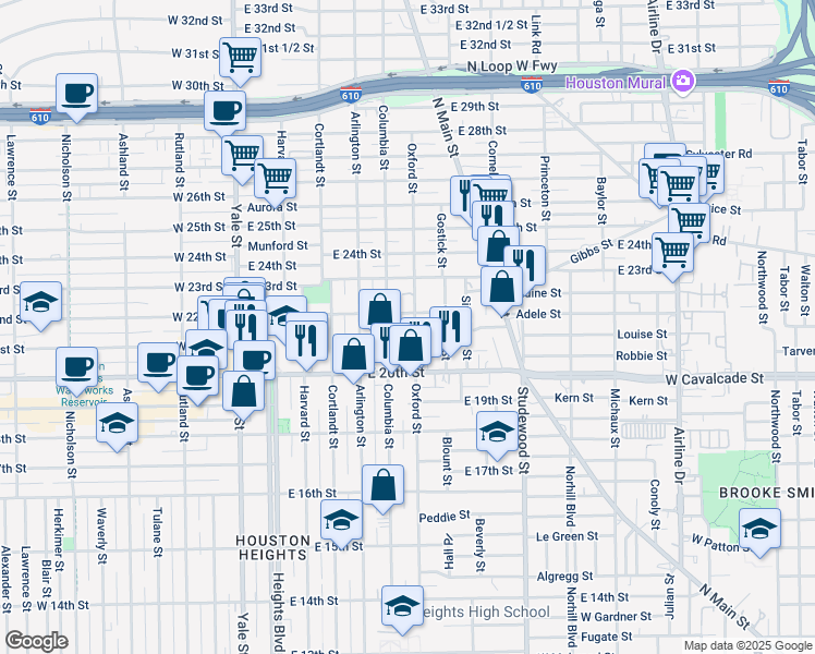 map of restaurants, bars, coffee shops, grocery stores, and more near 2025 Oxford Street in Houston