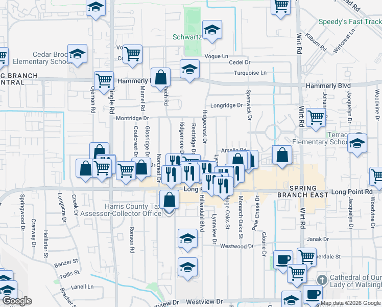 map of restaurants, bars, coffee shops, grocery stores, and more near 8309 Western Drive in Houston