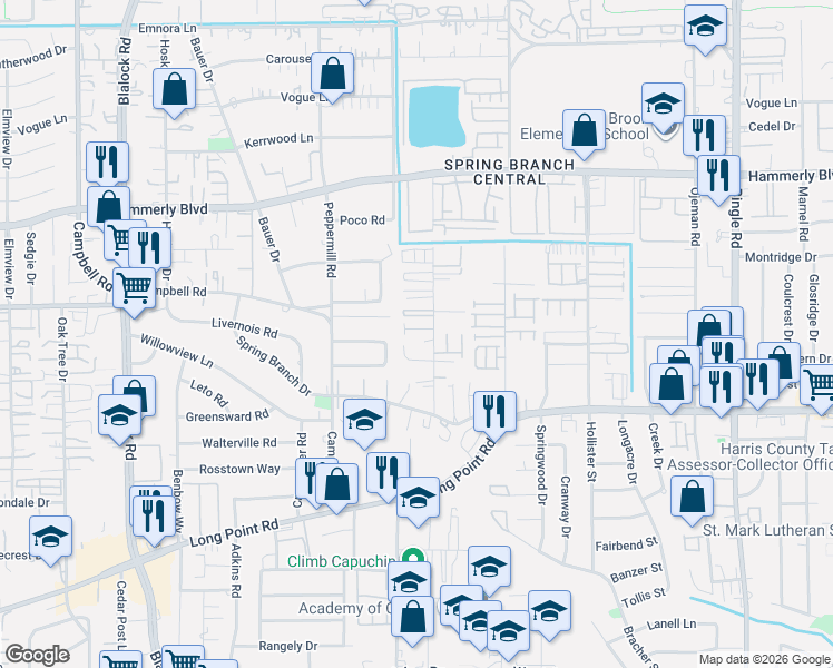 map of restaurants, bars, coffee shops, grocery stores, and more near 8959 Monterey View Drive in Houston