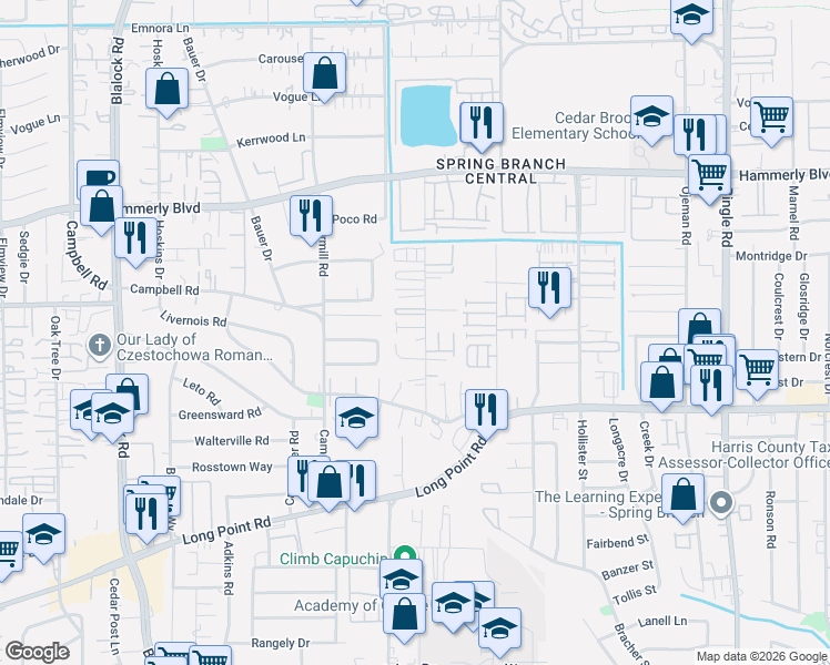 map of restaurants, bars, coffee shops, grocery stores, and more near 8959 Monterey View Drive in Houston