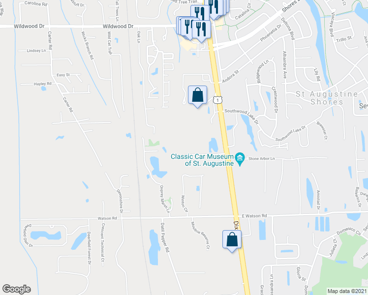 map of restaurants, bars, coffee shops, grocery stores, and more near 150 Bella Terra Drive in St. Augustine