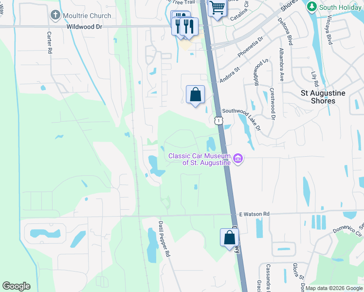 map of restaurants, bars, coffee shops, grocery stores, and more near 150 Bella Terra Drive in St. Augustine