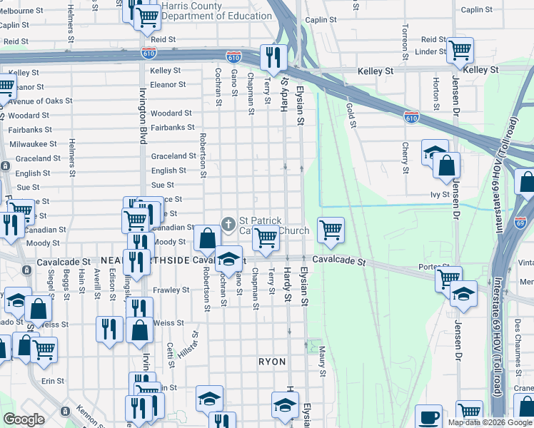 map of restaurants, bars, coffee shops, grocery stores, and more near 4919 Terry Street in Houston