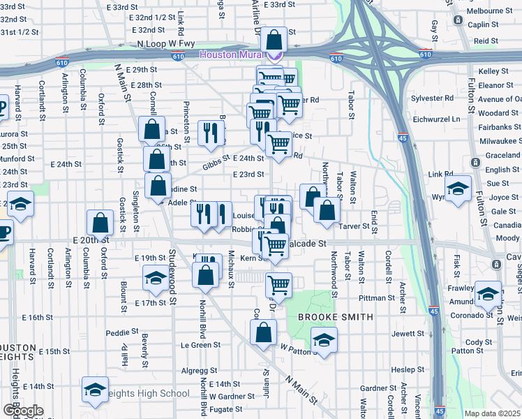 map of restaurants, bars, coffee shops, grocery stores, and more near 1915 Airline Drive in Houston