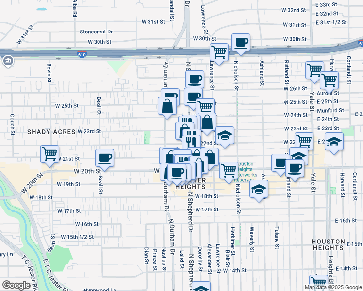 map of restaurants, bars, coffee shops, grocery stores, and more near 2101 North Shepherd Drive in Houston
