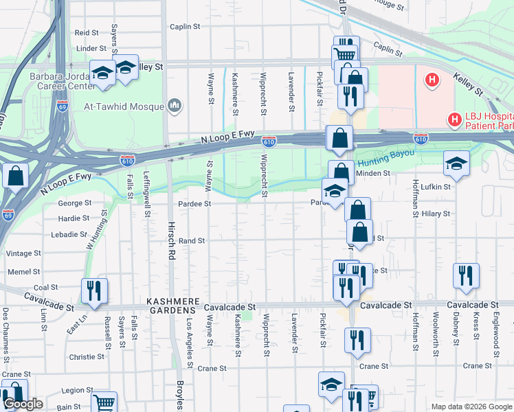 map of restaurants, bars, coffee shops, grocery stores, and more near 4822 Kashmere Street in Houston
