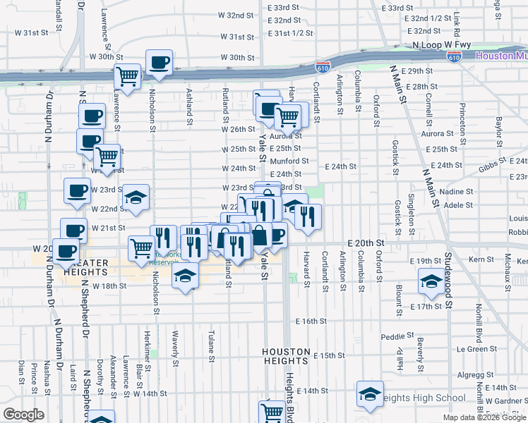 map of restaurants, bars, coffee shops, grocery stores, and more near 2132 Yale Street in Houston