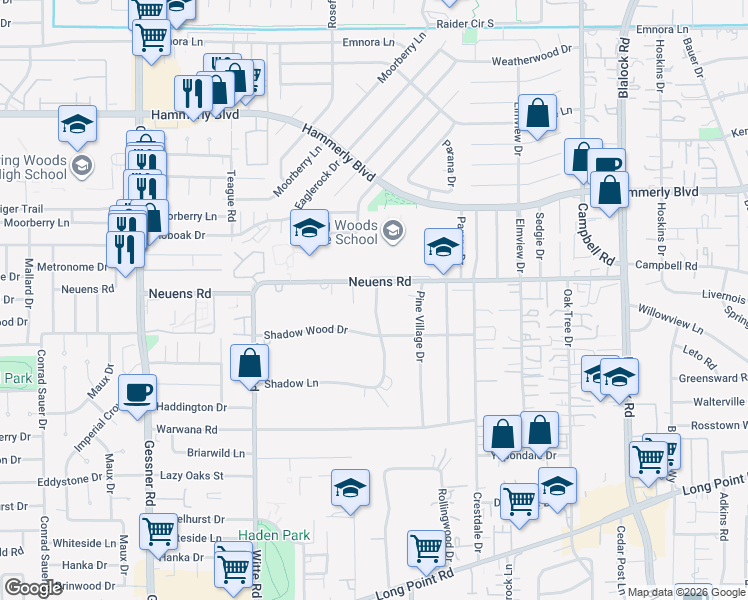 map of restaurants, bars, coffee shops, grocery stores, and more near 30 Shadow Lane in Houston
