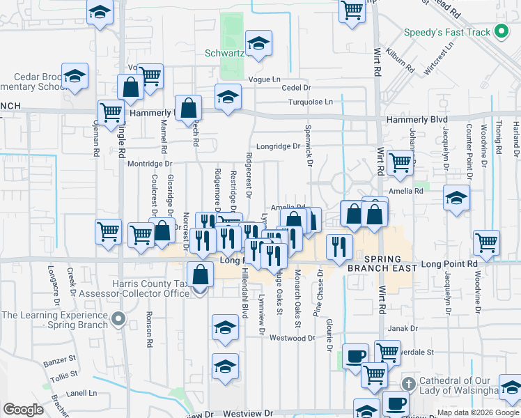 map of restaurants, bars, coffee shops, grocery stores, and more near 1929 Ridgecrest Drive in Houston