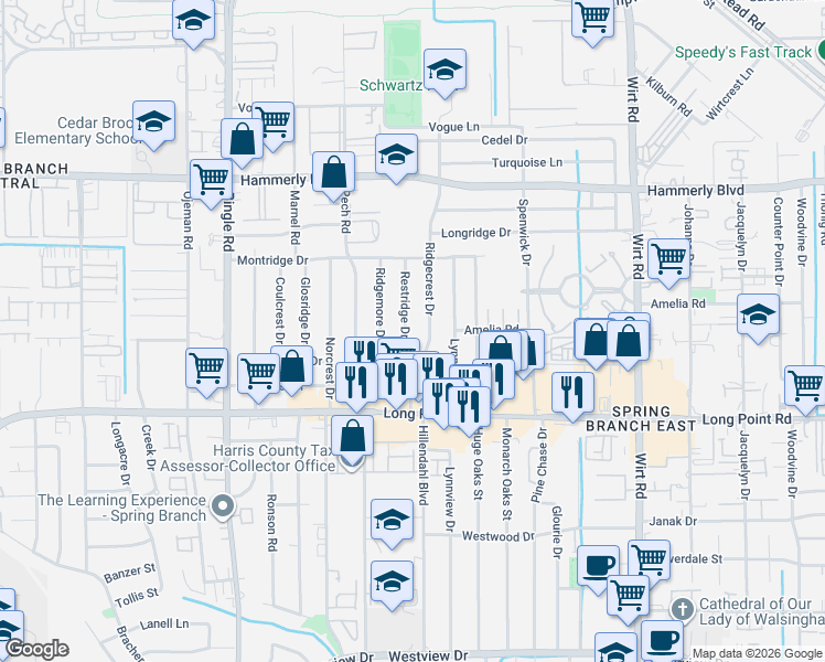 map of restaurants, bars, coffee shops, grocery stores, and more near 1929 Ridgecrest Drive in Houston