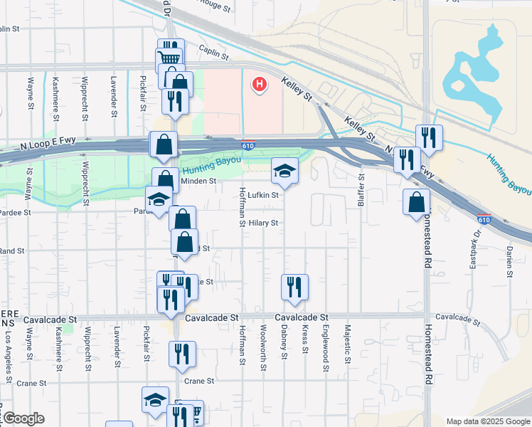 map of restaurants, bars, coffee shops, grocery stores, and more near 5802 Lufkin Street in Houston